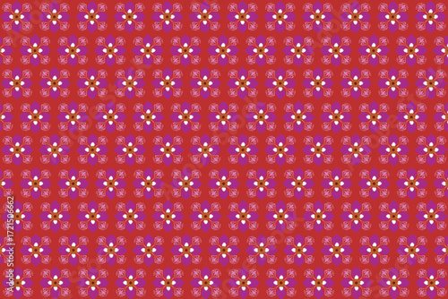 This fabric shows a repeating floral pattern with white-petaled flowers and purple centers, set against a bright red background.