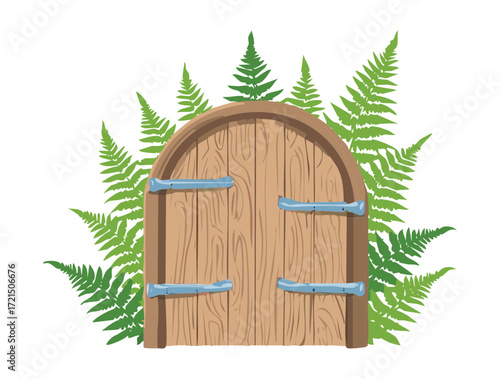 A rustic wooden door with metal hinges, framed by vibrant green ferns and leaves.