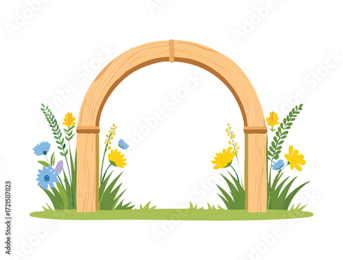 A serene wooden arch gate surrounded by a vibrant field of yellow and white flowers.