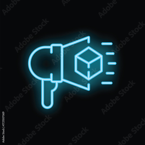 Neon sign of a megaphone announcing a product release, represented by a cube with perspective