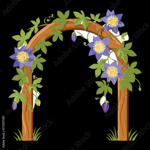 A rustic wooden archway with climbing purple and green vines against a dark background