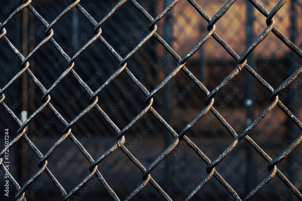 Fototapeta premium Industrial Chain Link Fence with Textured Metal in a Dark, Moody Setting, Creates Strong Contrast.