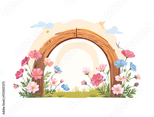 A charming arched doorway in a whimsical garden filled with a variety of colorful flowers