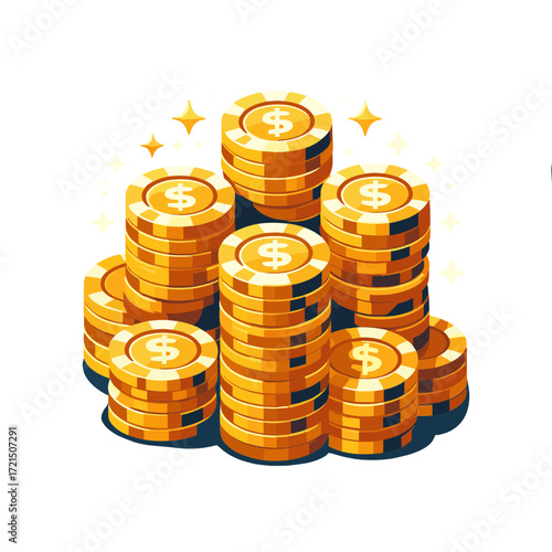 Stacks of gold coins with dollar signs, vector illustration on transparent background