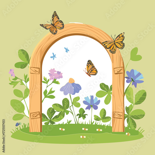 Enchanting arched entryway to a sunlit garden, filled with vibrant flowers and colorful butterflies