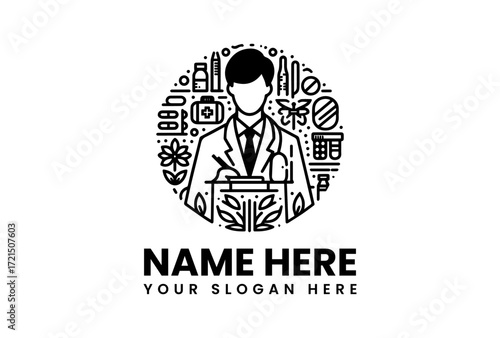 Doctor Logo with Medical Supplies and Nature Elements.