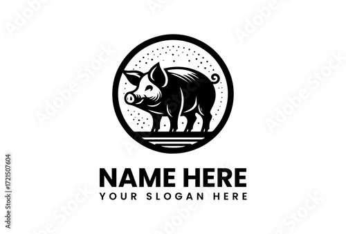Detailed Black and White Pig Logo Inside a Circular Frame.