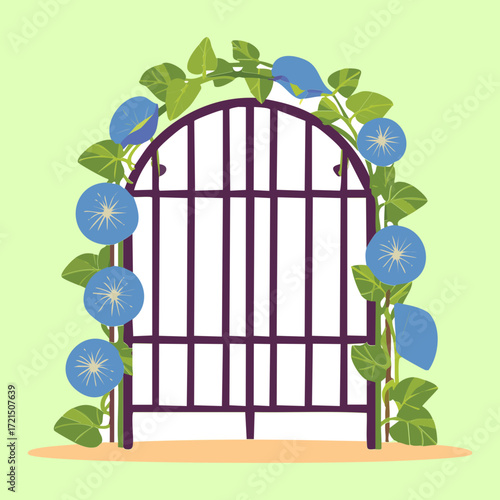 Simple wrought iron garden gate surrounded by a circular arch of blooming purple and green foliage