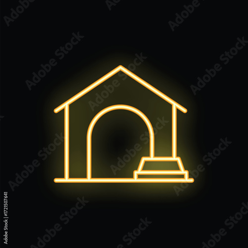 Glowing neon line icon of a dog house with food bowl, concept of pet shelter or veterinary clinic