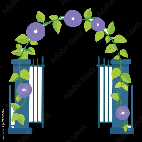 Classic black iron gate set within an archway of vibrant blue and purple morning glory vines