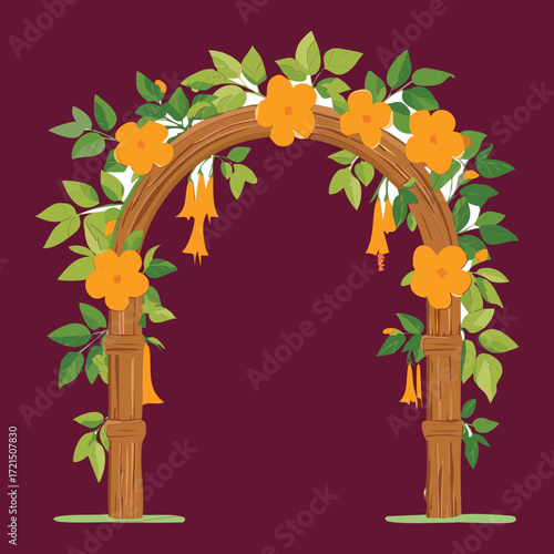 Arched Garden Trellis with Orange Flowers and Green Leaves, Rustic Charm

