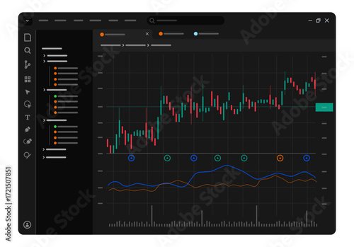 Stock charting tools platform with various analytical analysis graphic featuring candlestick chart and technical indicators stock market trading financial analysis and investment