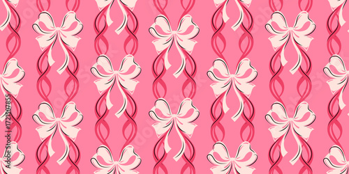 Pink ribbon seamless pattern with white bows and twisting ribbons. Perfect for gift wrap, party decor, textiles, and feminine design. Vibrant, cheerful, and decorative with a playful, festive vibe