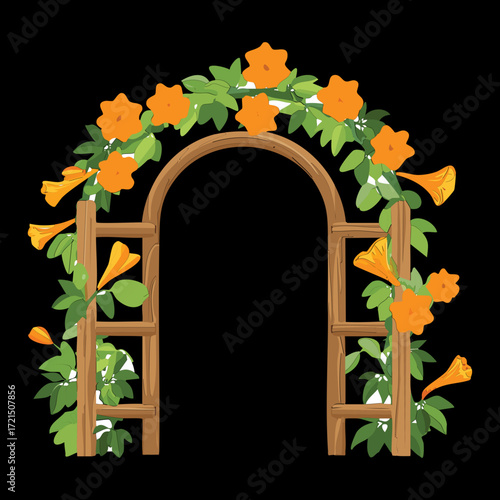 Garden Archway with Orange Flowers and Green Vines, Elegant Entrance

