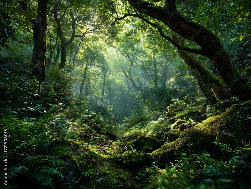 Fototapeta premium Sunlight Through Dense Emerald Forest