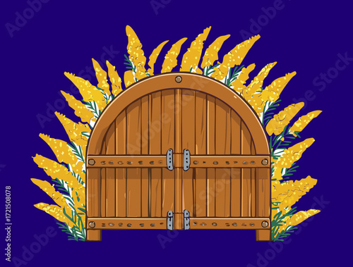 Old Wooden Door with Ornate Handle and Yellow Wildflowers