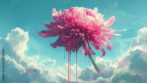 A vibrant pink flower, seemingly melting, drifts against a backdrop of fluffy white clouds and a teal sky.  The paint-like effect adds surrealism