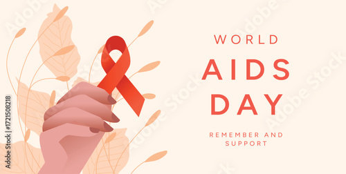 World AIDS Day background with Hand holding Red Ribbon symbol. December 1 awareness campaign. HIV AIDS prevention and support. Vector illustration for poster, banner, flyer, card, cover