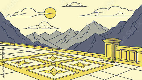 vector illustration of a mountain landscape with a bridge