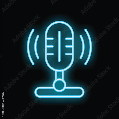 Blue neon microphone icon glowing on dark background representing podcasting, broadcasting or singing
