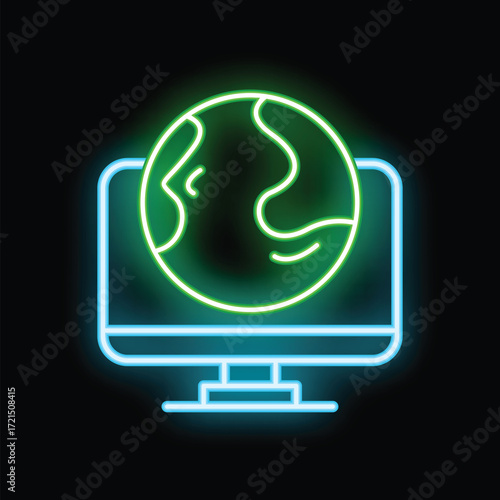 Neon sign of a computer showing planet earth, representing global communication and internet connectivity