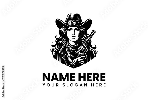 Fierce Cowgirl Holding Revolver Wearing Hat and Jacket Bold Graphic Design.