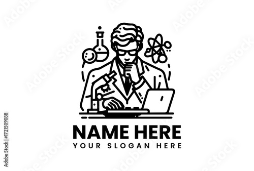 Focused Scientist with Laboratory Tools and Laptop.