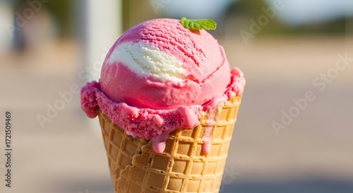 Indulge in summer vibes with a vibrant strawberry ice cream cone, a delightful treat perfect for hot days and happy moments of sweet, simple pleasures