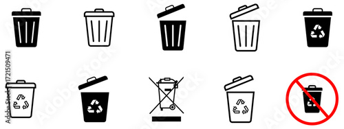 Trash bin, wee symbol icons isolated set on white background. Trash bin icons set for waste and recycle.  trash, bin, rubbish, dustbin, trashcan, garbage, waste, delete, junk, vector
