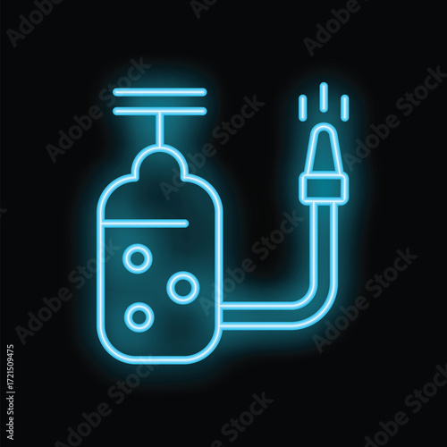 Bright blue neon icon of a garden pump spraying water, set on a black background