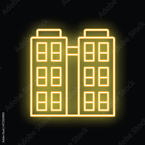 Yellow neon sign glowing in the dark with a hotel represented in the center