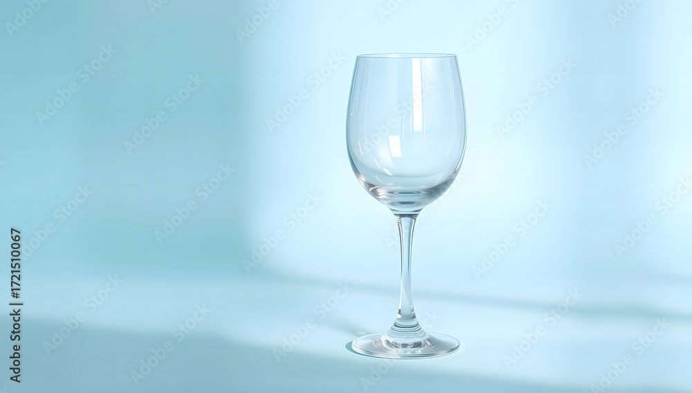 Obraz premium A transparent empty wine glass isolated on pastel blue background with clean studio reflections