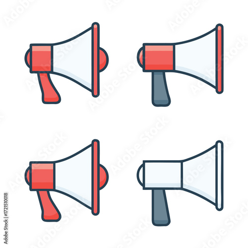 Four Megaphone Icons With Red and Blue Accents on White Background bullhorn announcement