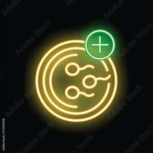 Neon sperm moving towards a positive sign in a simple medical fertilization concept illustration