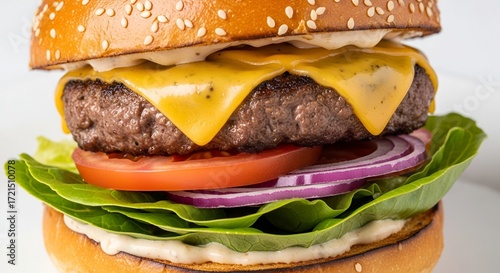 Juicy cheeseburger with fresh toppings and sesame seed bun ready to be devoured, perfect for tempting food bloggers and restaurant menus