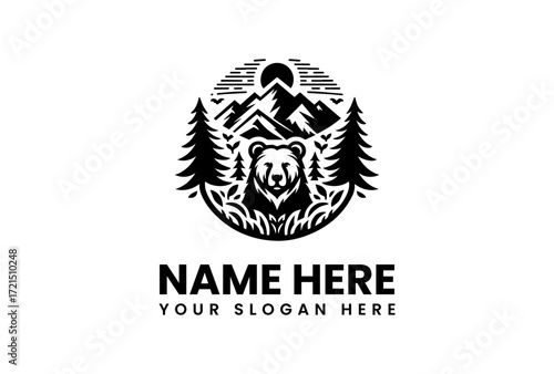 Majestic Bear Emblem with Mountain Peaks Evergreen Trees and Rising Sun.