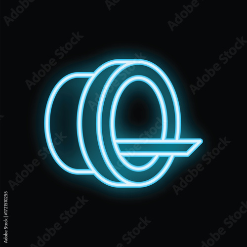Neon computed tomography scanner showing patient table moving through machine glowing blue against black background