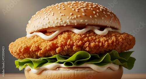 Delicious crispy chicken burger awaits, a tempting treat with fresh toppings perfect for food blogs, menus, and fast food promotions