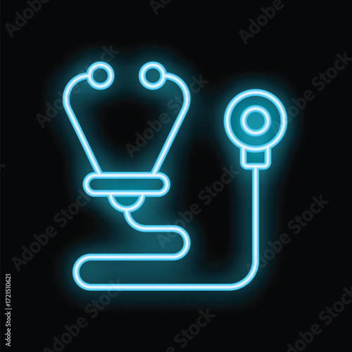 Bright blue neon sign of a stethoscope is glowing on a black background