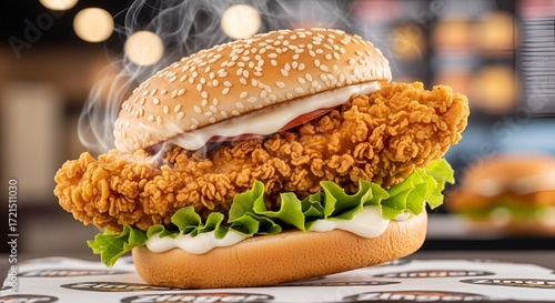 Indulge in a crispy, delicious chicken burger with fresh lettuce and creamy sauce - perfect for fast food cravings and tasty meal promotions