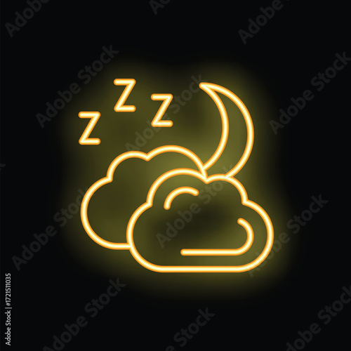 Glowing neon sign of a crescent moon partially hidden behind clouds and z's floating above representing sleep