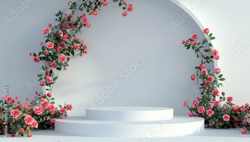 A minimalist 3D rendering showcases a two-tiered white cylindrical pedestal encircled by climbing pink roses against a white arched backdrop