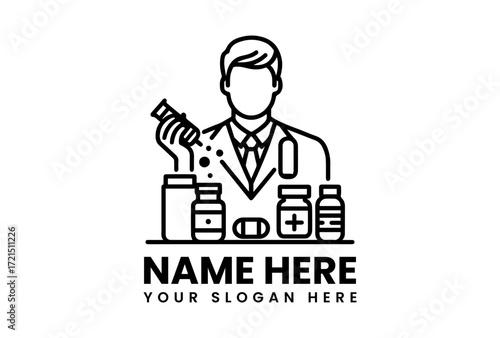 Pharmacist Logo with Pills and Bottles Dispensing Medicine Healthcare Concept.