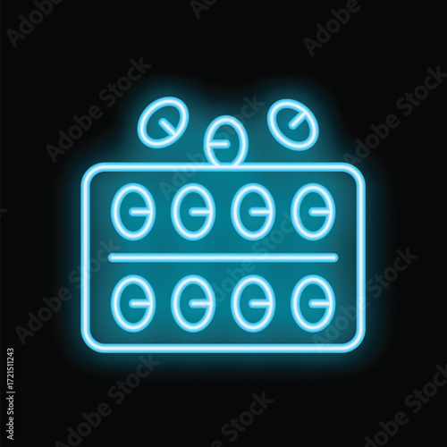 Neon sign of a blister pack of pills falling on a black background