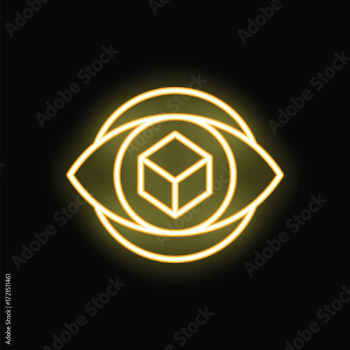 Neon eye focusing on a three dimensional cube symbol is glowing on a black background