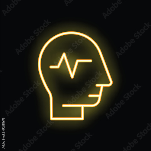 Glowing neon yellow human head silhouette with an ekg line inside, representing brain activity, consciousness, and intelligence