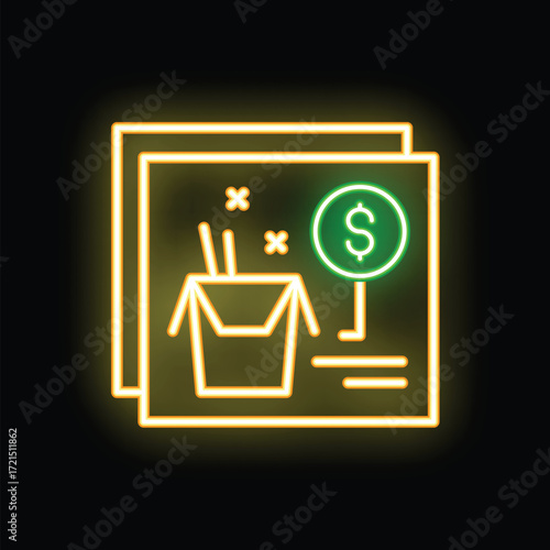 Neon light icon of a takeout menu for asian food with prices for a restaurant