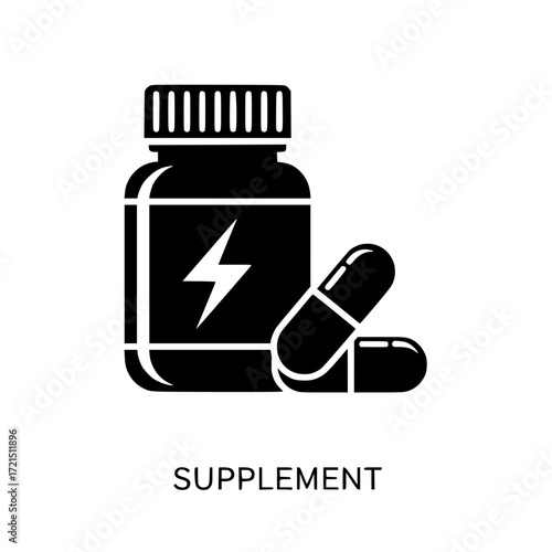 Supplement bottle icon with lightning bolt and pills for energy and health