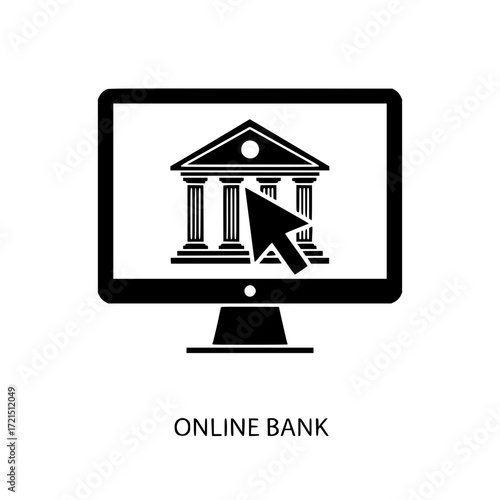 Computer screen displays bank building icon with cursor indicating online banking service access.