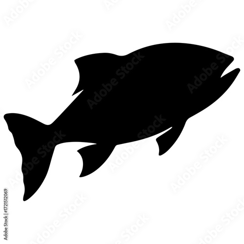 Silhouette of a fish swimming to the right with visible fins and tail on a white background image
